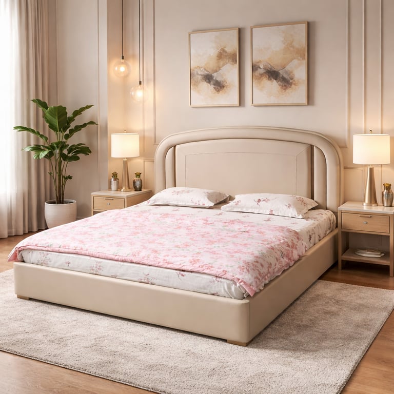 Modern upholstered platform bed with pink floral bedding, beige headboard, and minimalist nightstands.