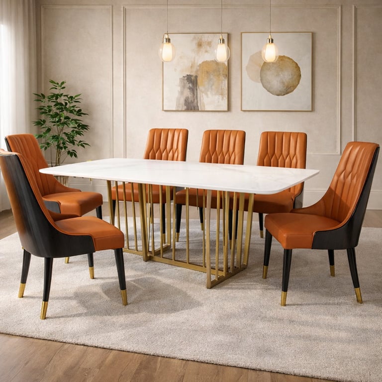 Modern white marble dining table with gold metal legs and orange leather tufted chairs.