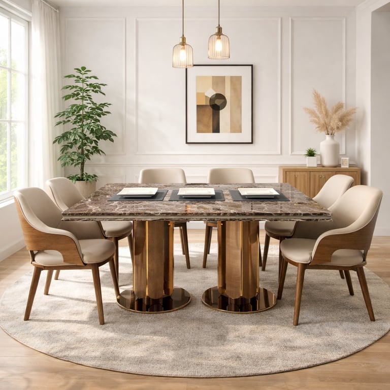 Modern luxury dining room with a brown marble table, gold pedestal base, and beige leather chairs on a round rug.