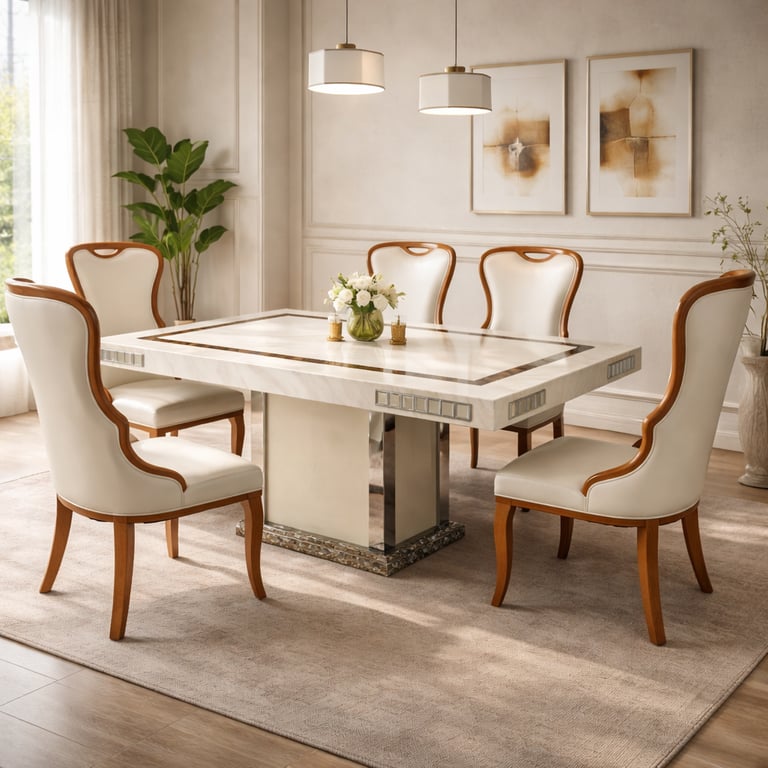 Luxury marble dining table set with six white upholstered chairs in a modern elegant dining room.
