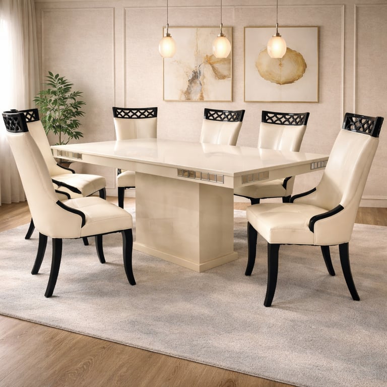 Modern cream marble dining table set with six elegant leather chairs in a luxury home interior.