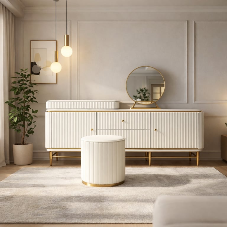 Modern white fluted dresser and matching vanity stool with gold accents in a luxury bedroom.