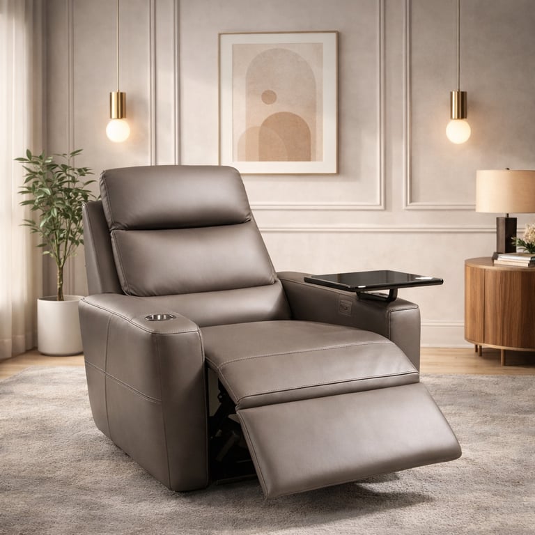Modern grey leather power recliner chair with a swivel tray table and cup holder in a luxury living room.