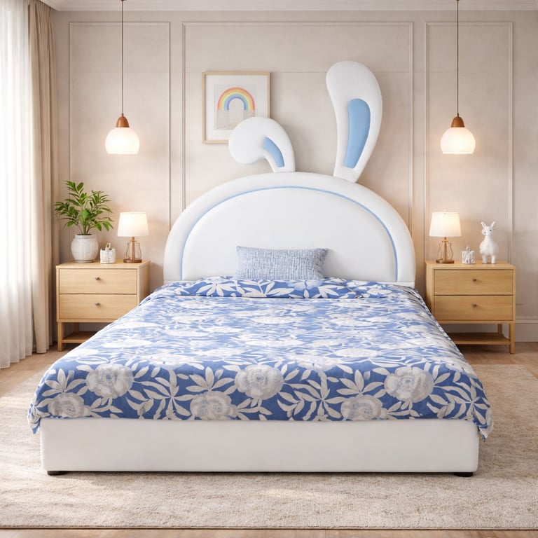 White upholstered bunny ear bed frame with blue floral bedding in a modern nursery interior.