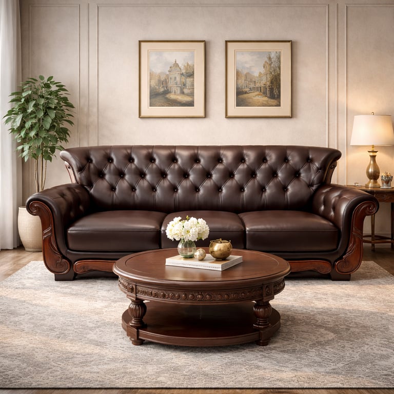 Elegant dark brown leather tufted chesterfield sofa and a round wooden coffee table in a classic living room.