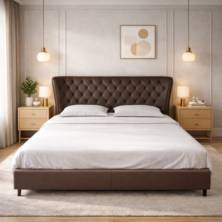 Modern bedroom featuring a brown tufted leather bed frame and light wood nightstands.