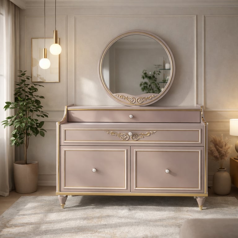 Elegant pink vanity dresser with gold accents and a round mirror in a modern bedroom.