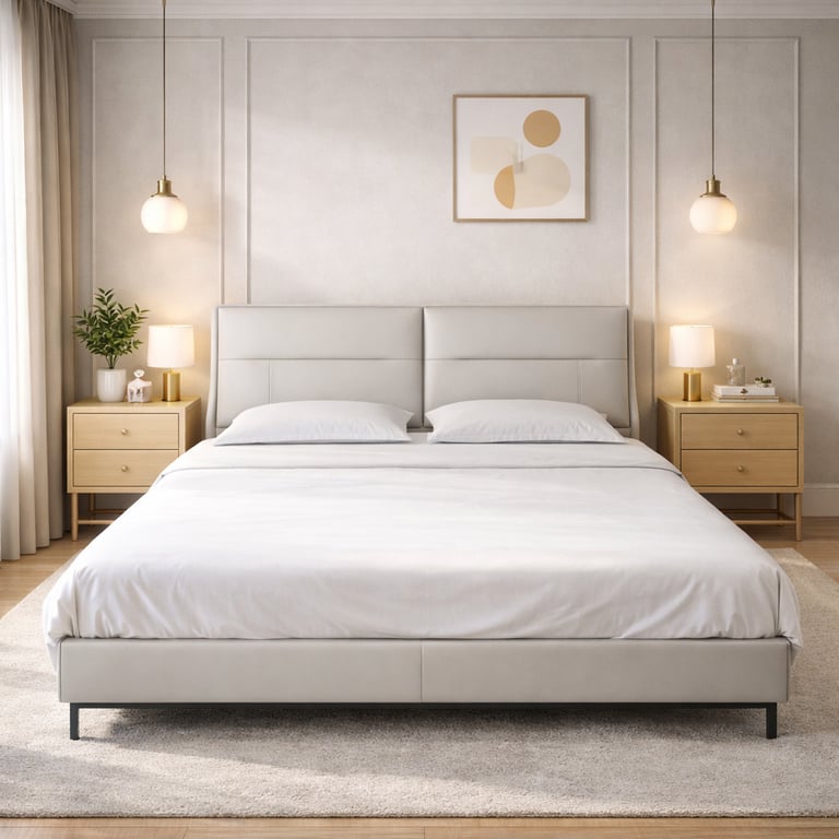 Modern upholstered platform bed with a beige headboard, wooden nightstands, and elegant pendant lights.