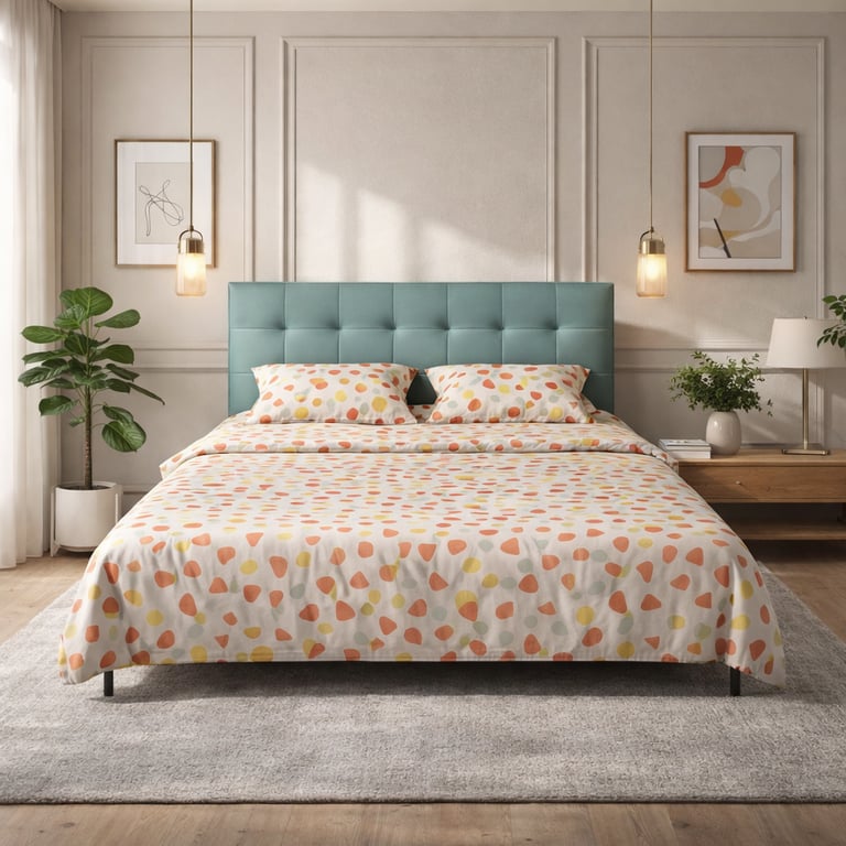 Modern bedroom with a teal tufted headboard and colorful polka dot pattern bedding set.
