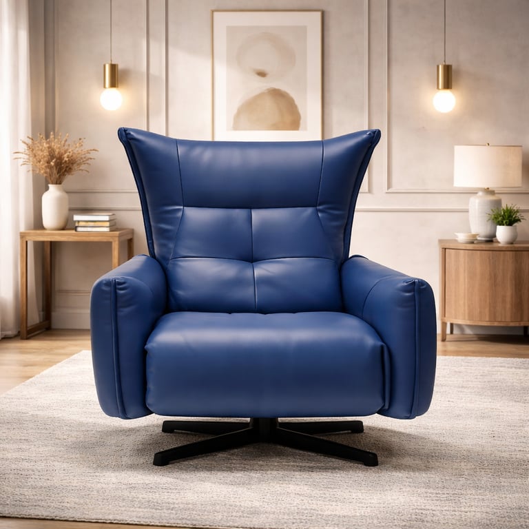 Modern blue leather swivel recliner chair in a minimalist living room with elegant lighting.