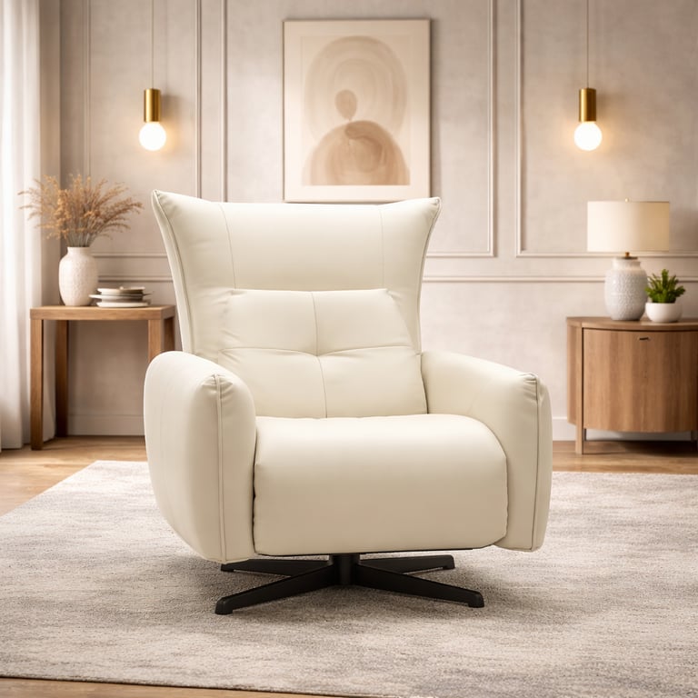 Modern cream leather swivel recliner chair in a minimalist living room with elegant neutral decor.