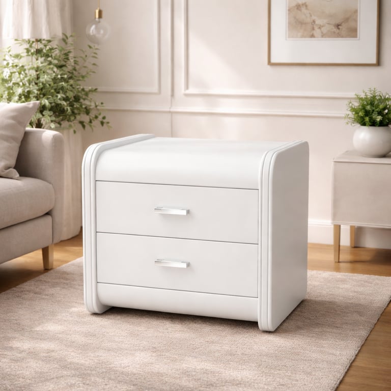 Modern white nightstand with two drawers and silver handles on a neutral area rug in a bright living room.