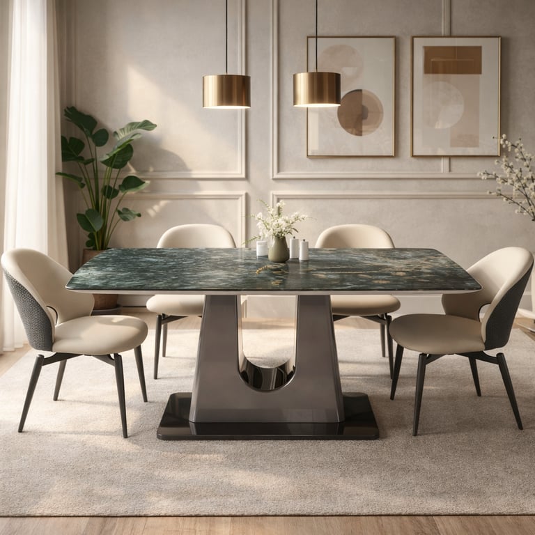 Modern dining room featuring a green marble dining table with beige upholstered chairs and gold pendant lights.
