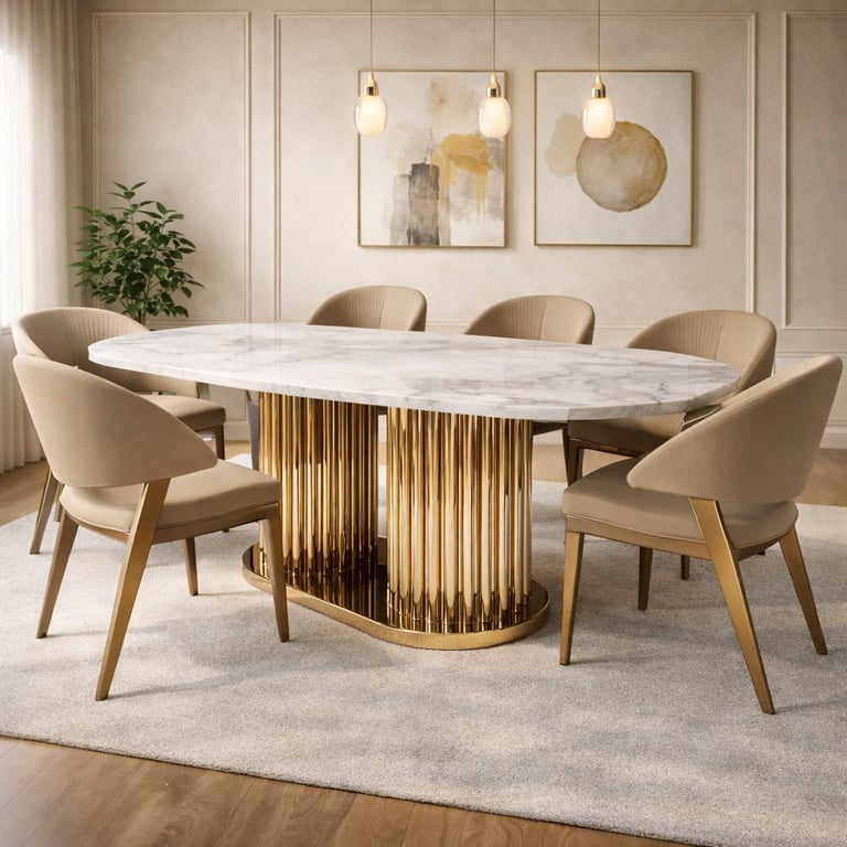 Luxury dining room featuring an oval marble dining table with a gold fluted base and velvet chairs.