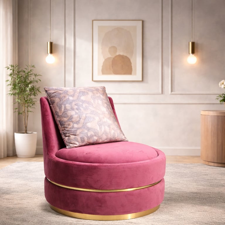 Modern pink velvet swivel accent chair with gold base in a luxury living room setting.