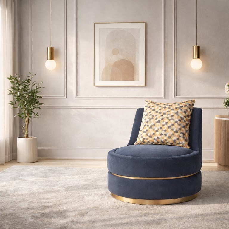 Modern blue velvet swivel chair with gold trim in a stylish living room with pendant lights.