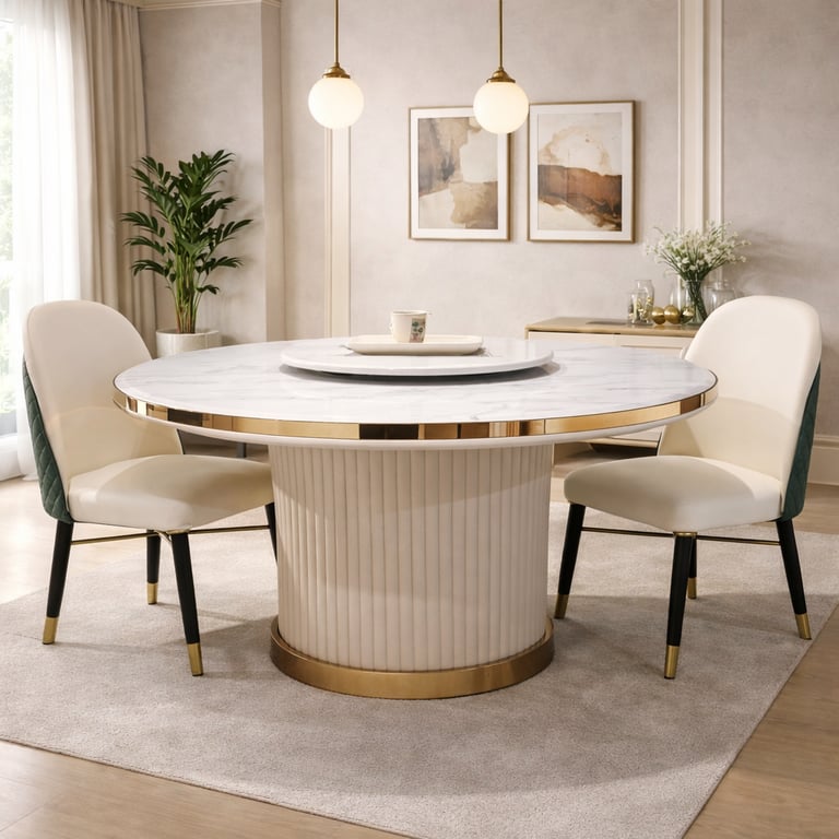 Luxury round marble dining table with gold trim and white leather chairs in a modern room.