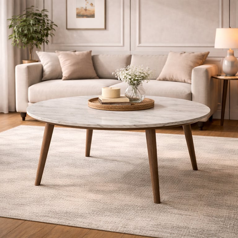 Mid-century modern round marble coffee table with wood legs in a bright living room.