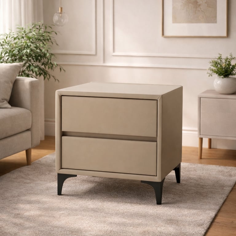 Modern beige upholstered nightstand with two drawers and black metal legs on a plush rug.