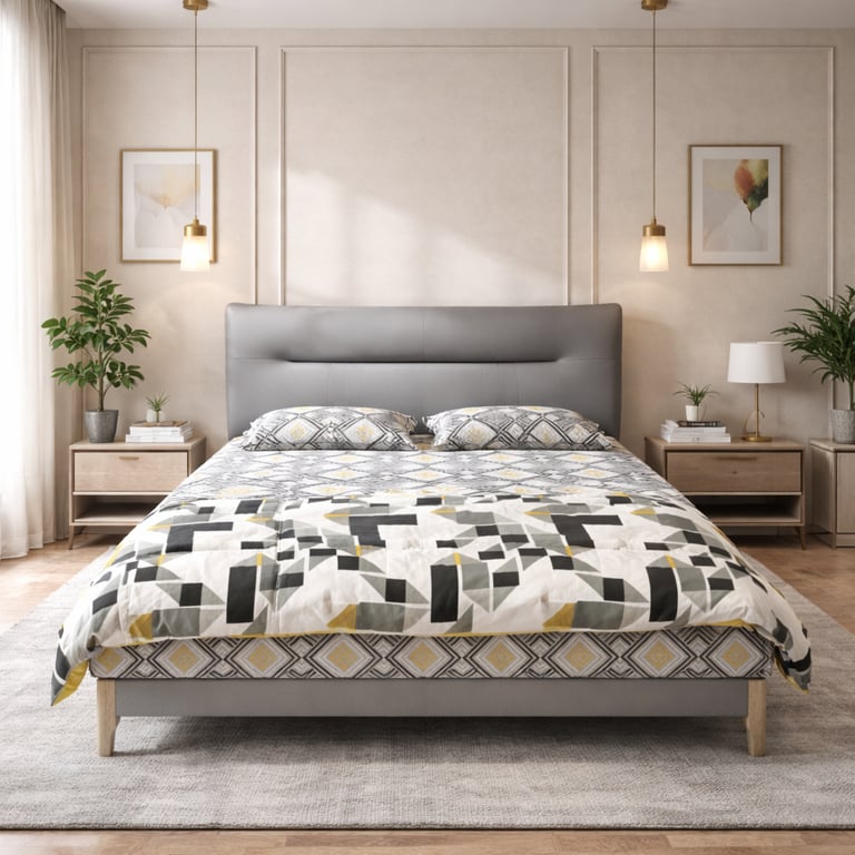 Modern bedroom with a gray upholstered bed, geometric patterned bedding, and wooden nightstands.