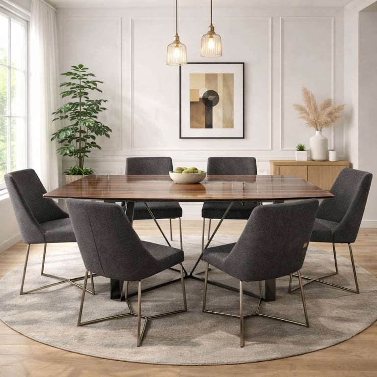 Modern dining room featuring a dark wood table and six grey upholstered chairs on a round rug.