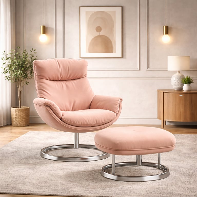 Blush pink velvet swivel recliner chair with matching ottoman on a neutral area rug in a modern living room.