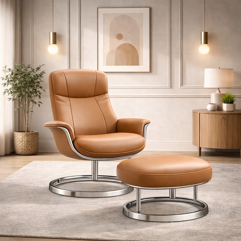 Modern tan leather swivel recliner with matching ottoman on a grey rug in a minimalist living room.