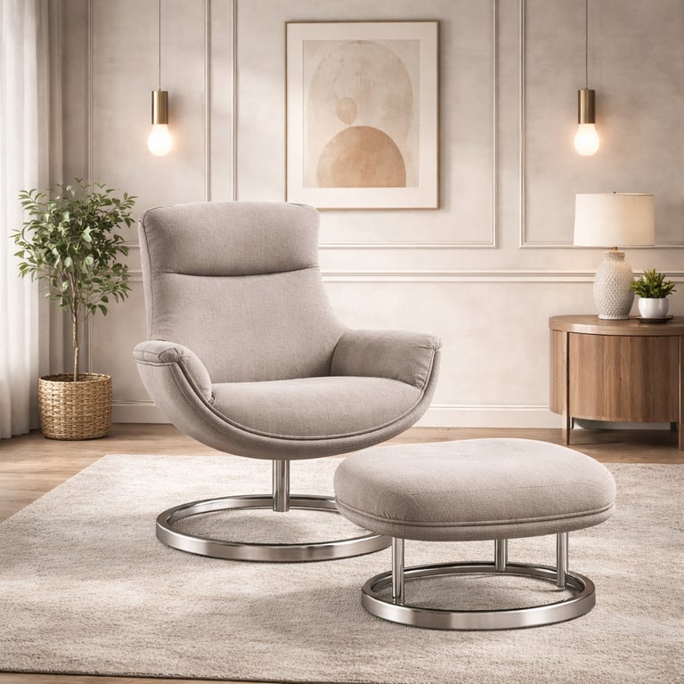 Modern beige swivel accent chair with matching ottoman on a rug in a neutral living room.