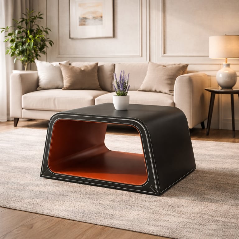 Modern black leather coffee table with orange interior in a cozy, minimalist living room setting.
