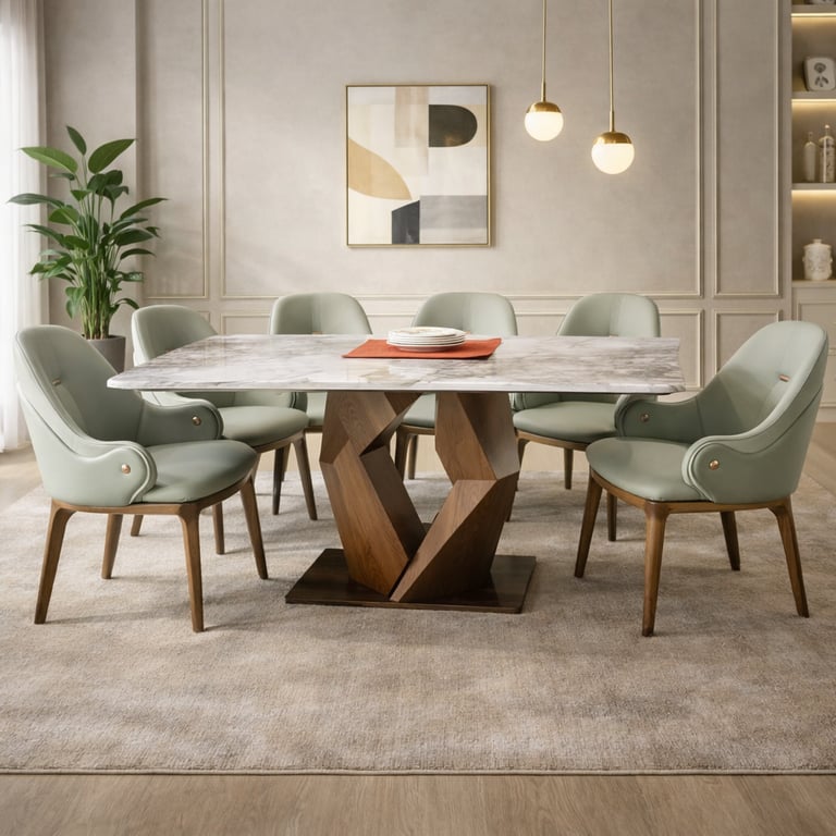 Modern marble dining table with sculptural wood base and sage green upholstered chairs in a luxury room.