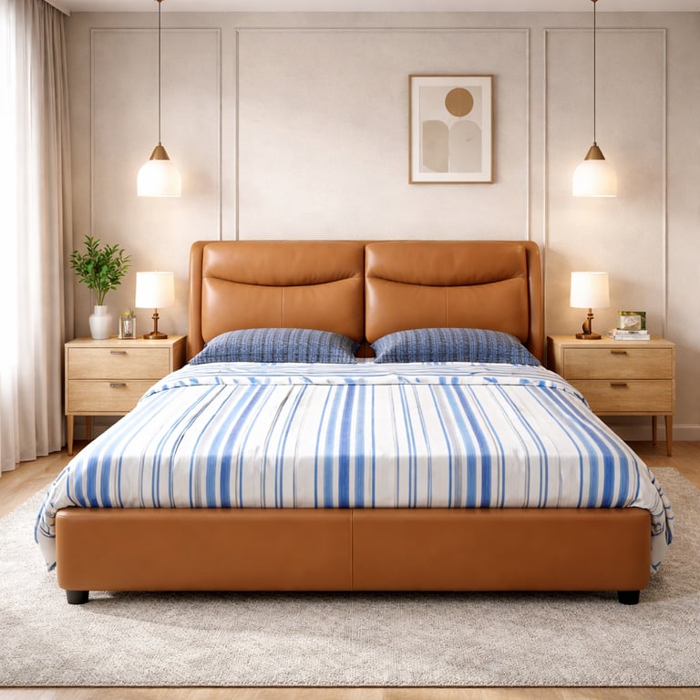 Modern master bedroom featuring a tan leather platform bed with blue striped bedding and wooden nightstands.