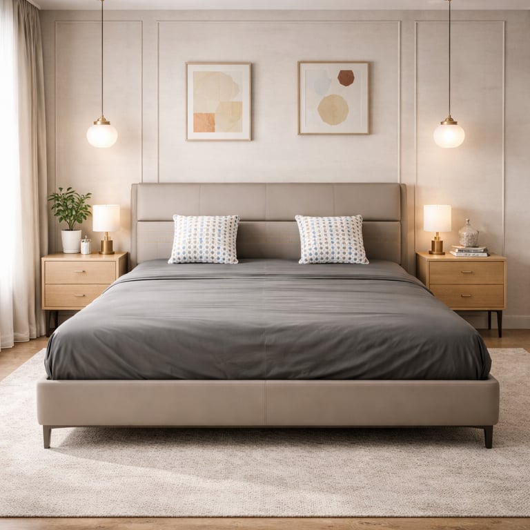 Modern bedroom with a tan upholstered platform bed, gray bedding, and oak nightstands under pendant lights.