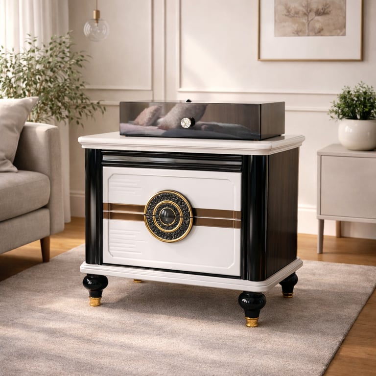 Elegant black and white luxury nightstand with gold accents and ornate circular hardware in a modern living room.