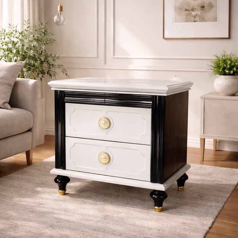 Elegant black and white nightstand with gold hardware in a modern living room setting.