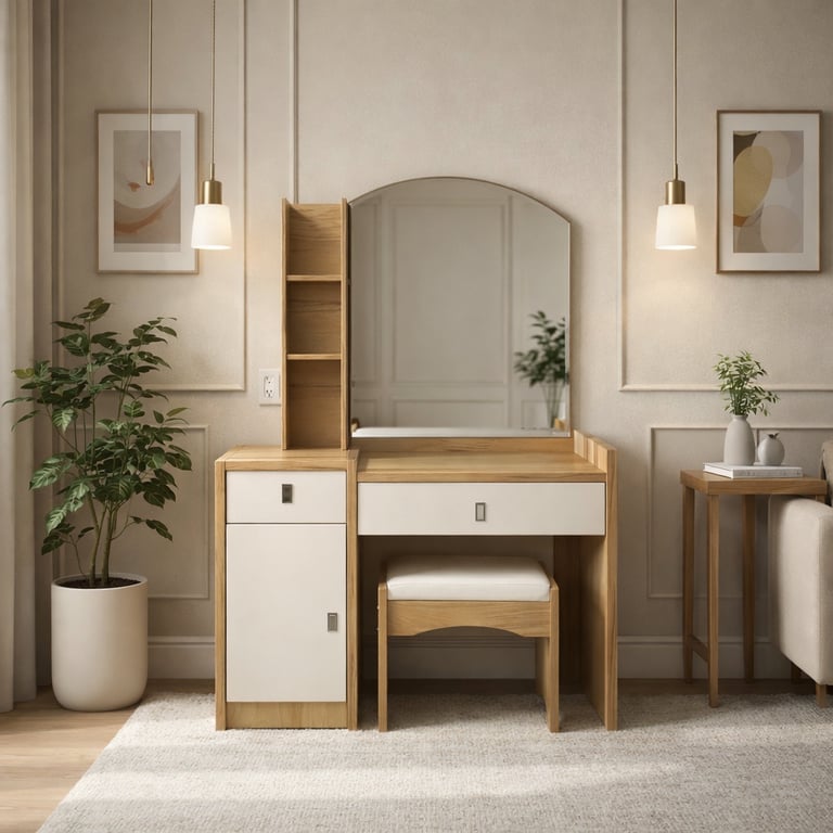 Modern wood and white makeup vanity desk with arched mirror and matching cushioned stool.