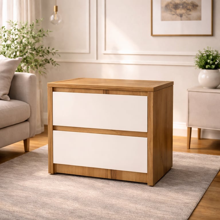 Modern oak nightstand with two white drawers on a grey rug in a minimalist bedroom.