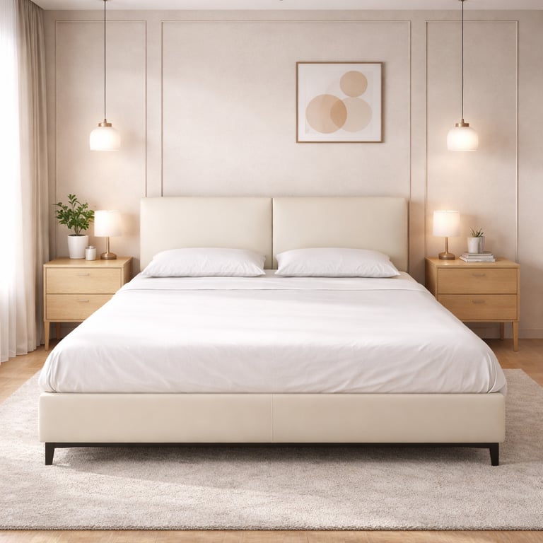 Modern minimalist bedroom featuring a cream upholstered bed frame, wooden nightstands, and warm pendant lighting.