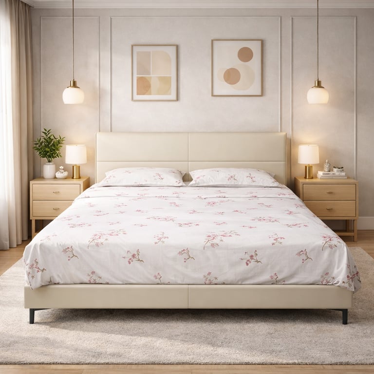 Modern bedroom with a white floral duvet set, neutral leather headboard, and wood nightstands with lamps.