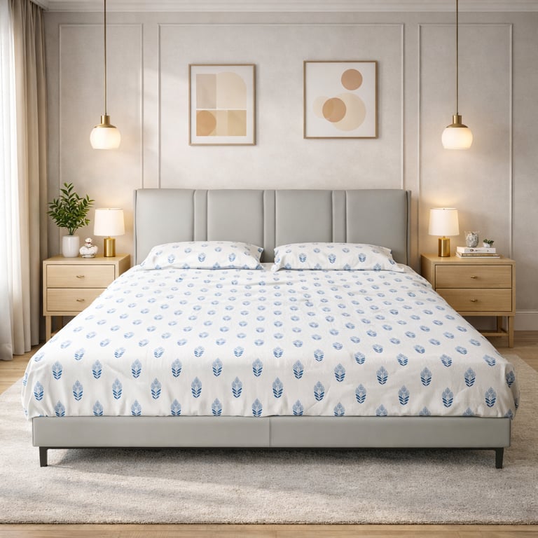 Modern bedroom with blue floral pattern sheets on a grey upholstered bed and gold pendant lights.