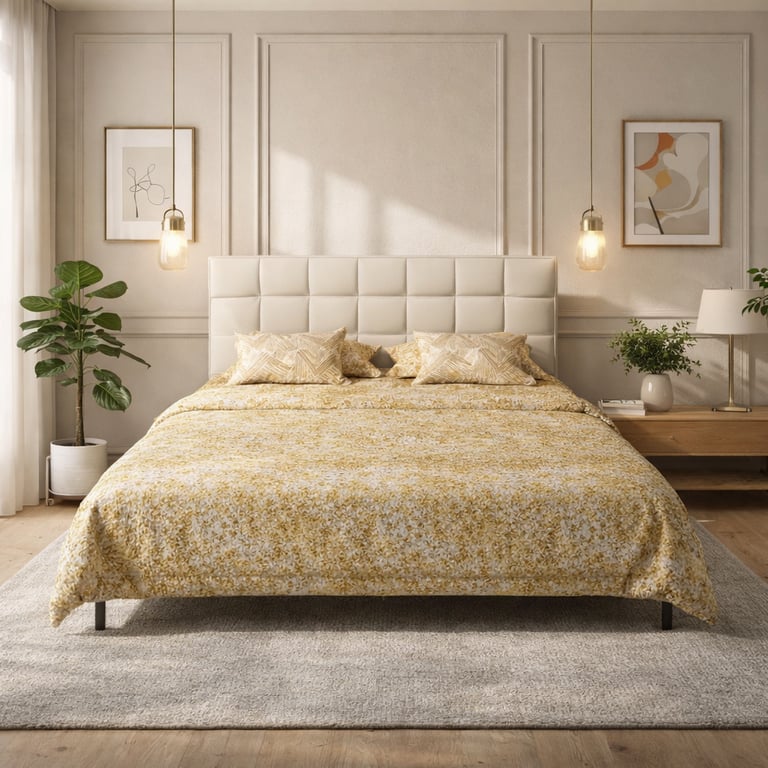 Modern bedroom with a tufted headboard, floral yellow bedding, and elegant hanging pendant lights.