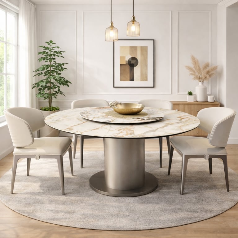 Modern dining room featuring a round marble table with a lazy susan, white leather chairs, and elegant pendant lights.