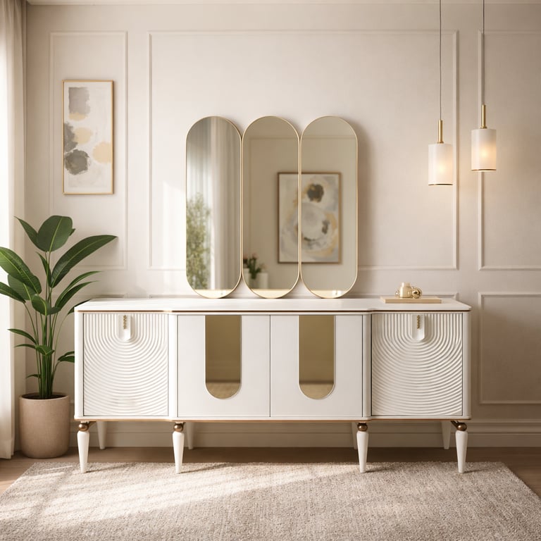 Elegant white sideboard with gold accents and a triple oval mirror in a modern living room.