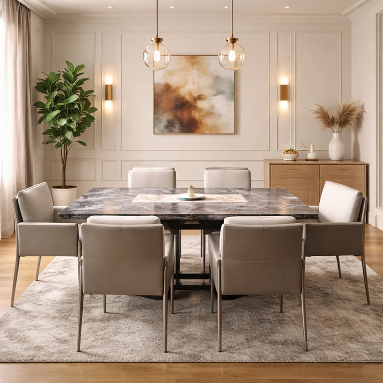 Modern dining room featuring a black marble table, grey leather chairs, and elegant gold pendant lighting.