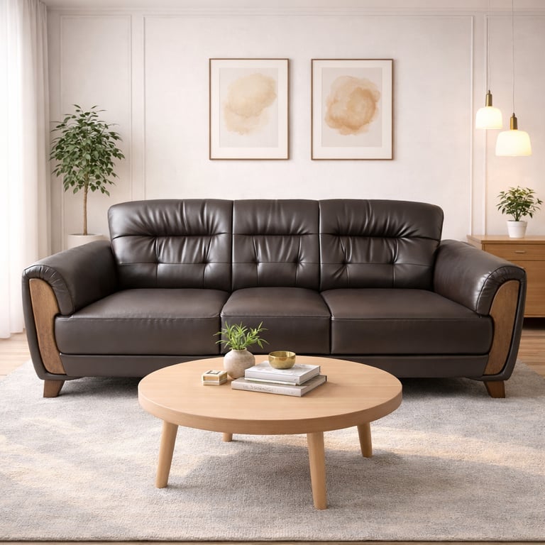 Modern brown leather sofa in a bright living room with a round wooden coffee table and wall art.