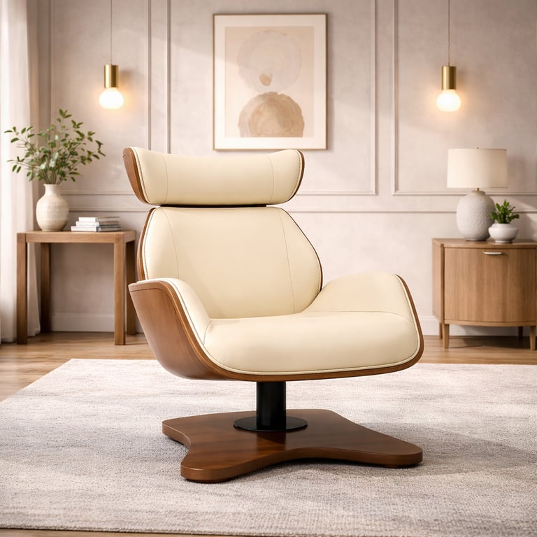 Mid-century modern cream leather swivel lounge chair with wood frame in a minimalist living room.