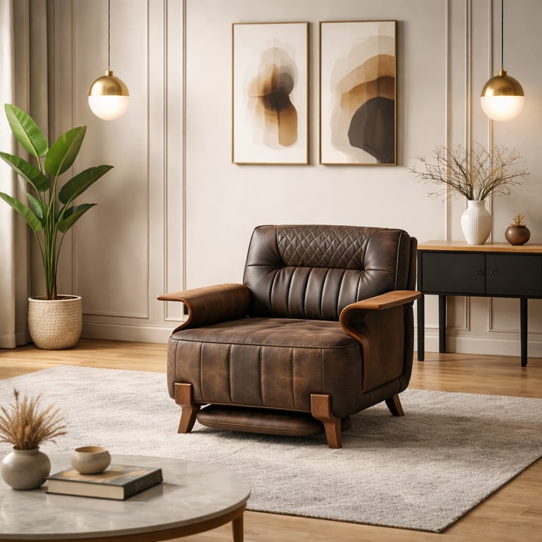Modern brown leather armchair with wooden accents in a minimalist living room with elegant wall art.