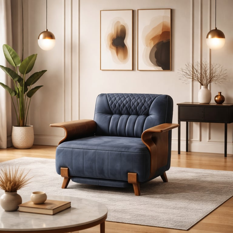 Mid-century modern blue leather armchair with wood accents in a stylish living room.