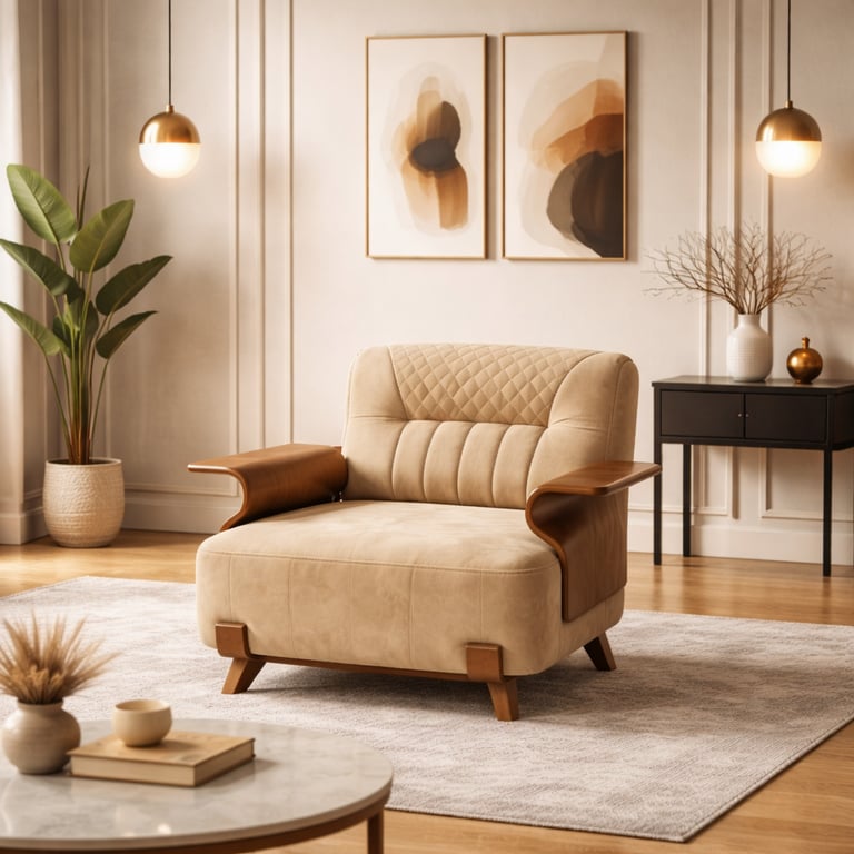 Modern beige tufted armchair with wooden accents in a minimalist living room with gold pendant lights.
