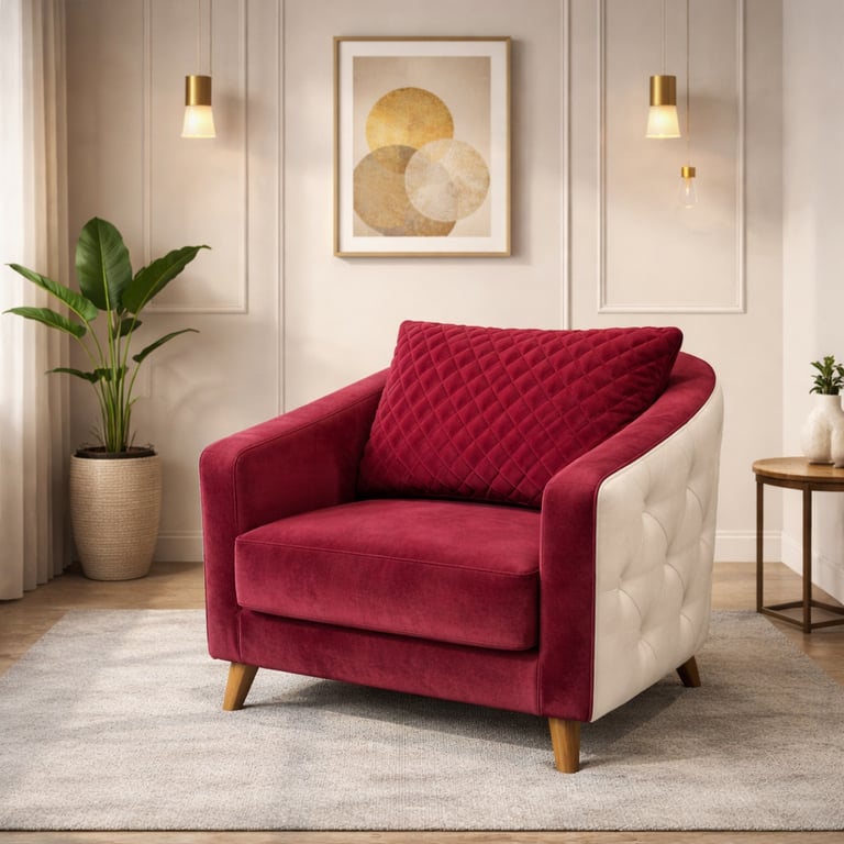 Modern red velvet armchair with white tufted sides in a stylish living room setting.