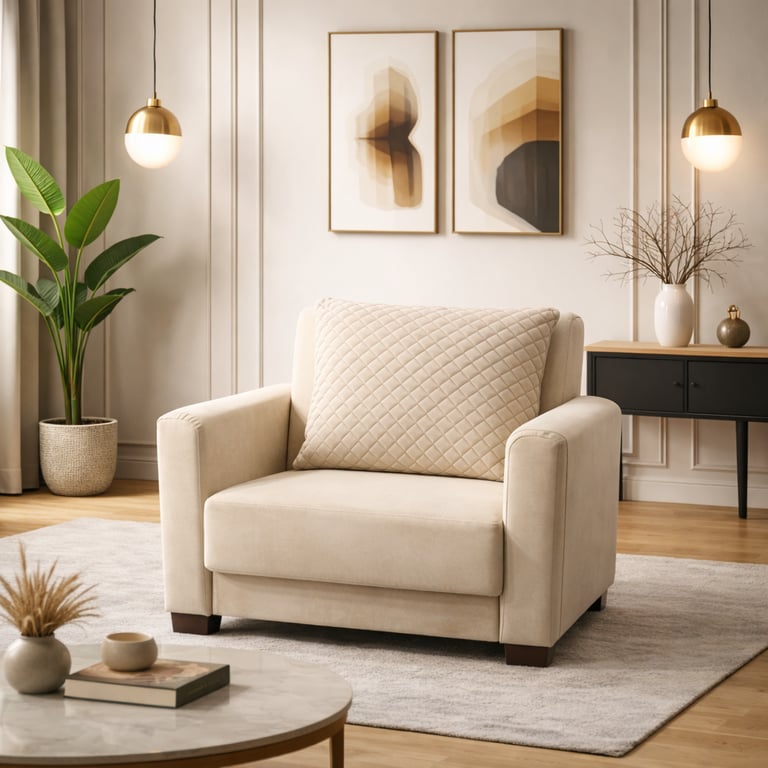 Modern cream upholstered armchair with a quilted pillow in a minimalist living room setting.